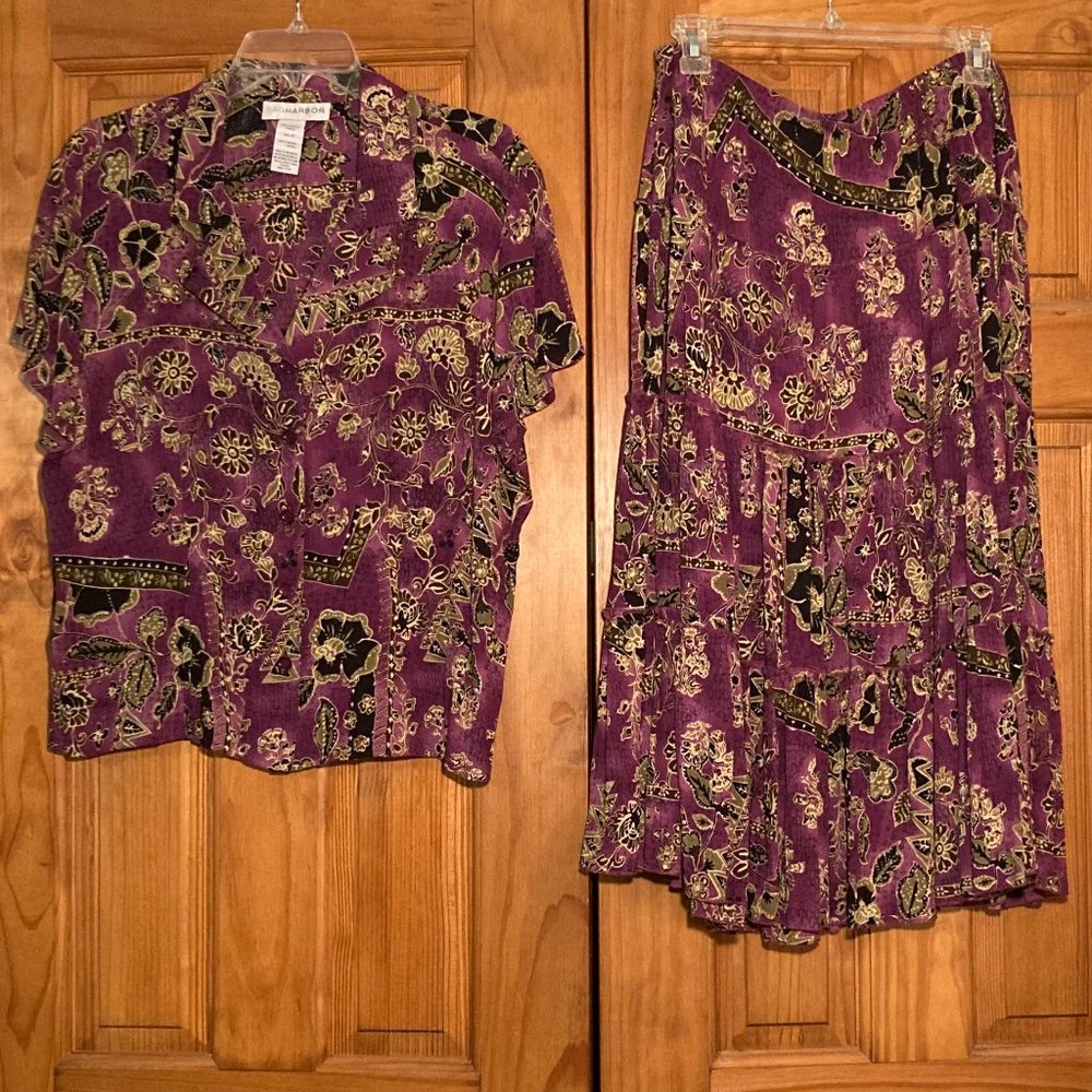 NWOT Sag Harbor Vintage 90s Short Sleeve Blouse & Skirt Set Purple Black 14/16
